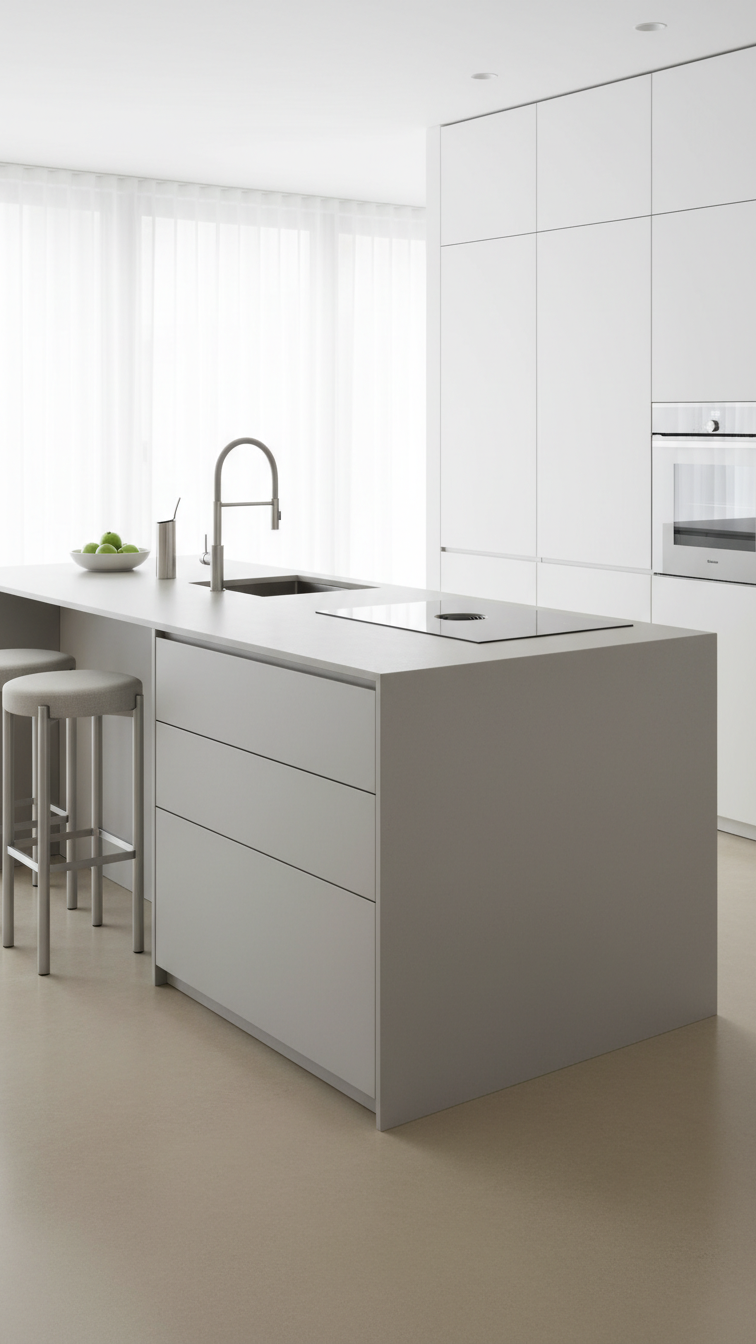 Monochromatic minimalist kitchen island with clean lines, seamless countertop, integrated storage, dual functionality for prep and seating.