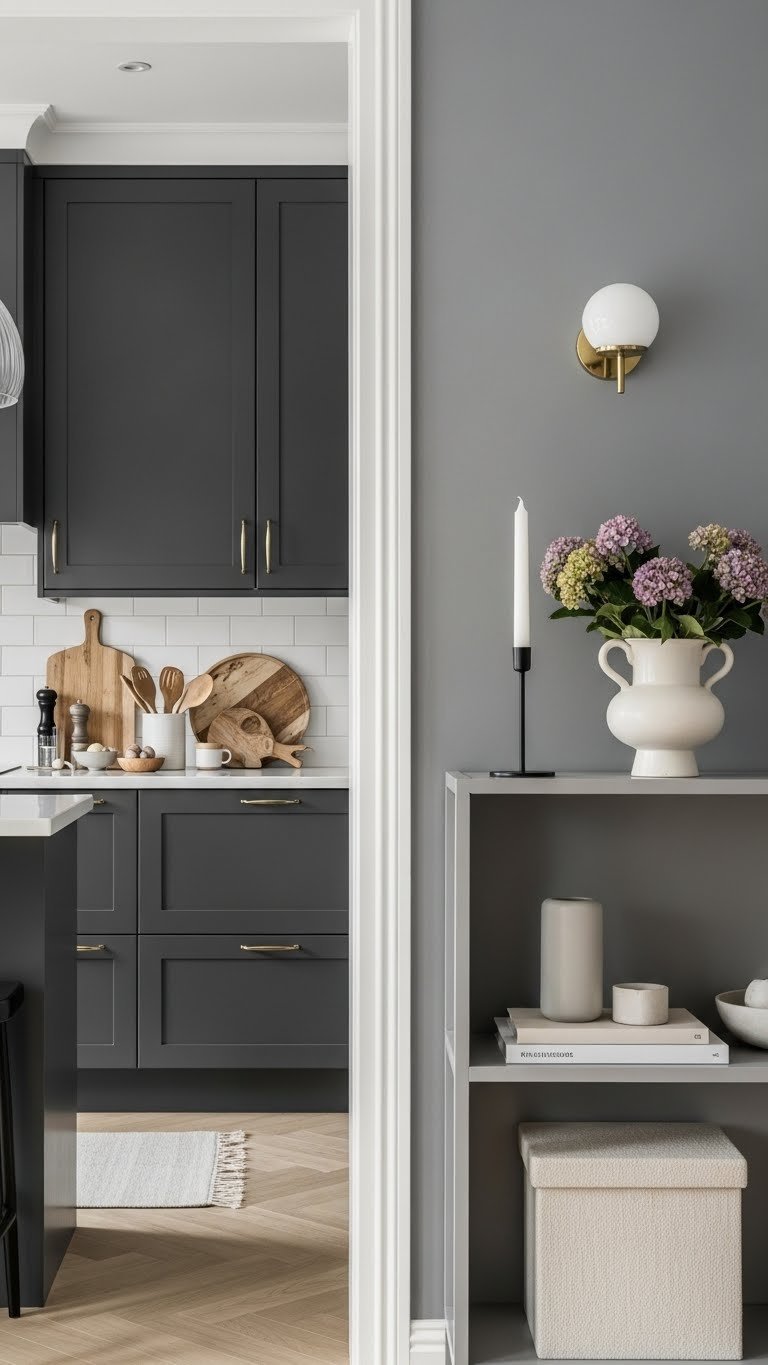 Open Kitchen Living Room Paint: 11 Ideas For Cohesion 1 Monochromatic open plan kitchen & living room transition. Deep charcoal gray cabinets meet lighter gray walls with warm undertones, elegant decor.