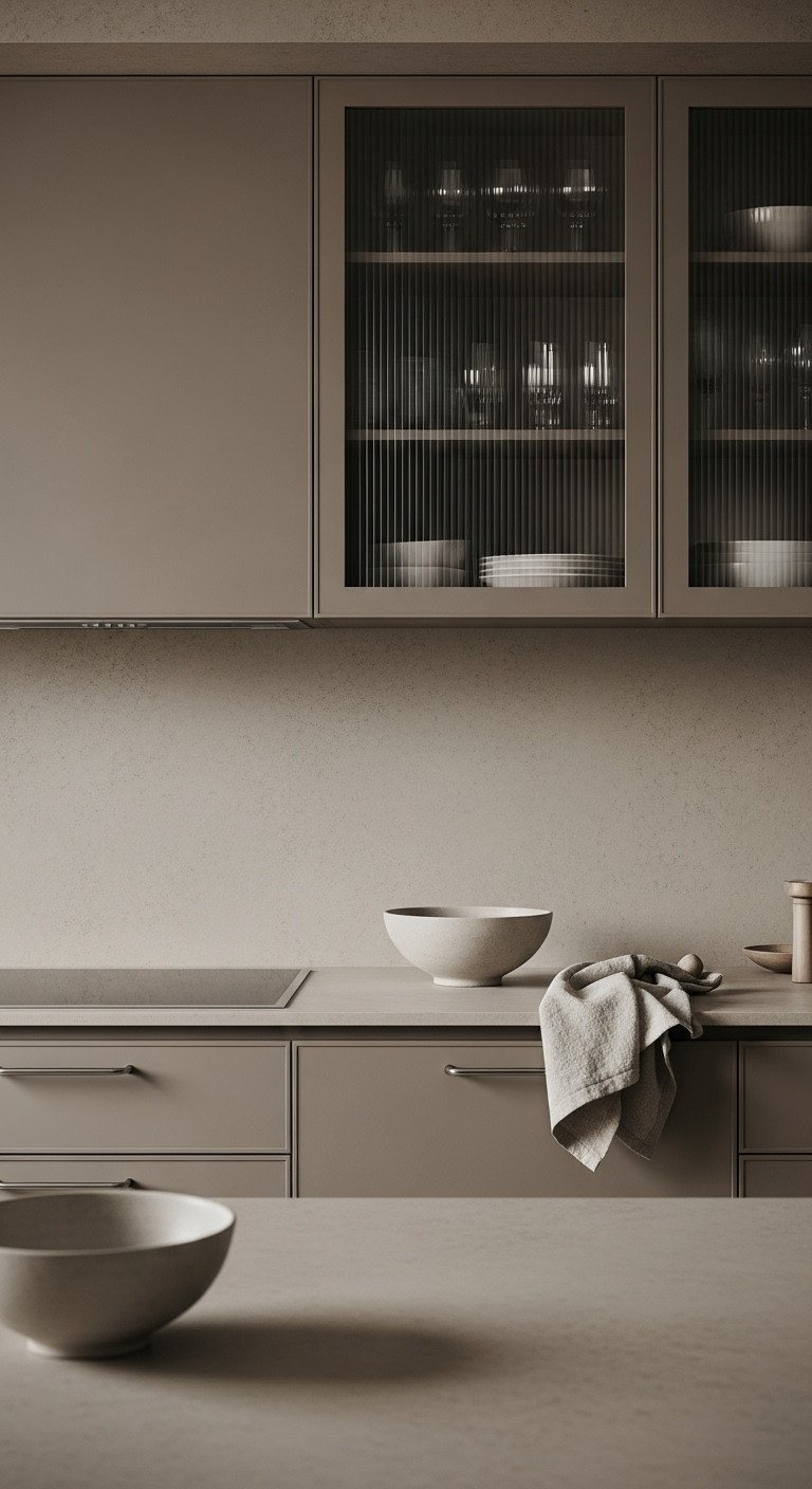 Monochromatic taupe kitchen with floor-to-ceiling cabinets, reeded glass fronts, solid taupe countertop, and ceramic bowl. Serene design.