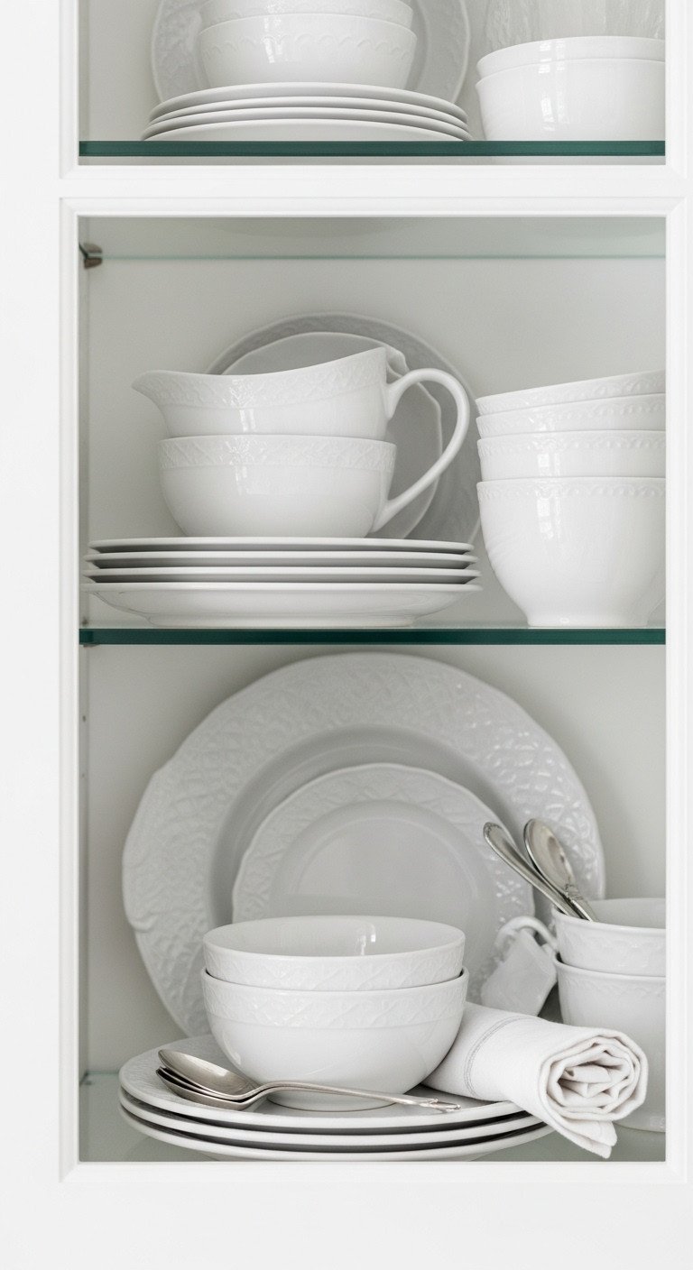 Monochromatic white and cream ceramic dishware in a glass kitchen cabinet, highlighting textural contrast for elegant kitchen decor.