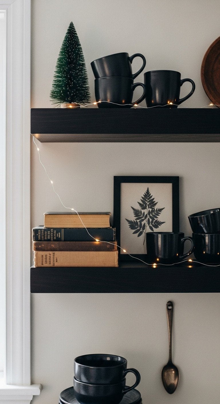 Moody Christmas kitchen shelves: black mugs, vintage books, botanical print, warm fairy lights, and green bottlebrush tree.