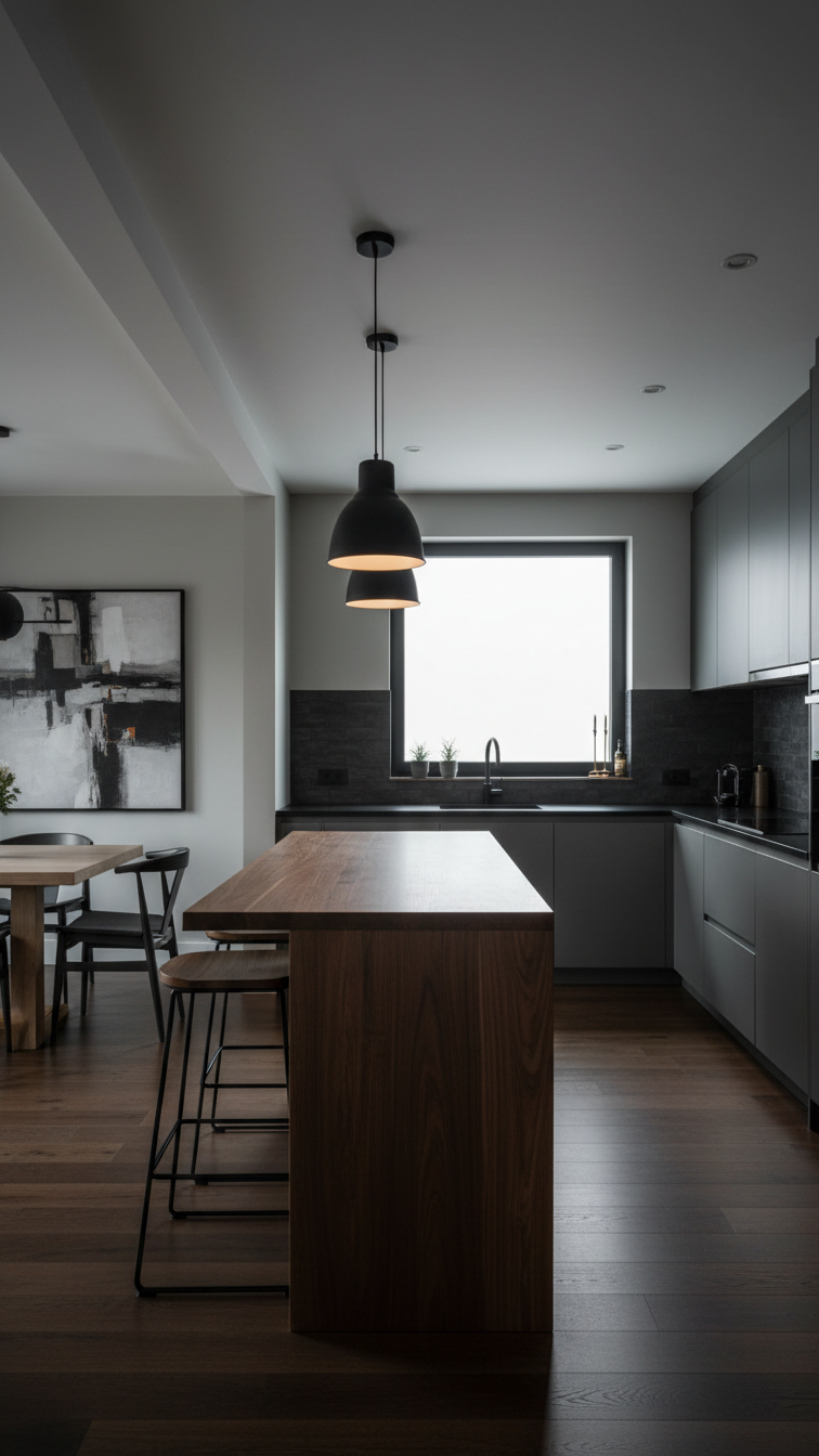 Moody U-shaped kitchen flowing into dining area via stylish peninsula with waterfall edge, elegant bar stools, and pendant lighting.