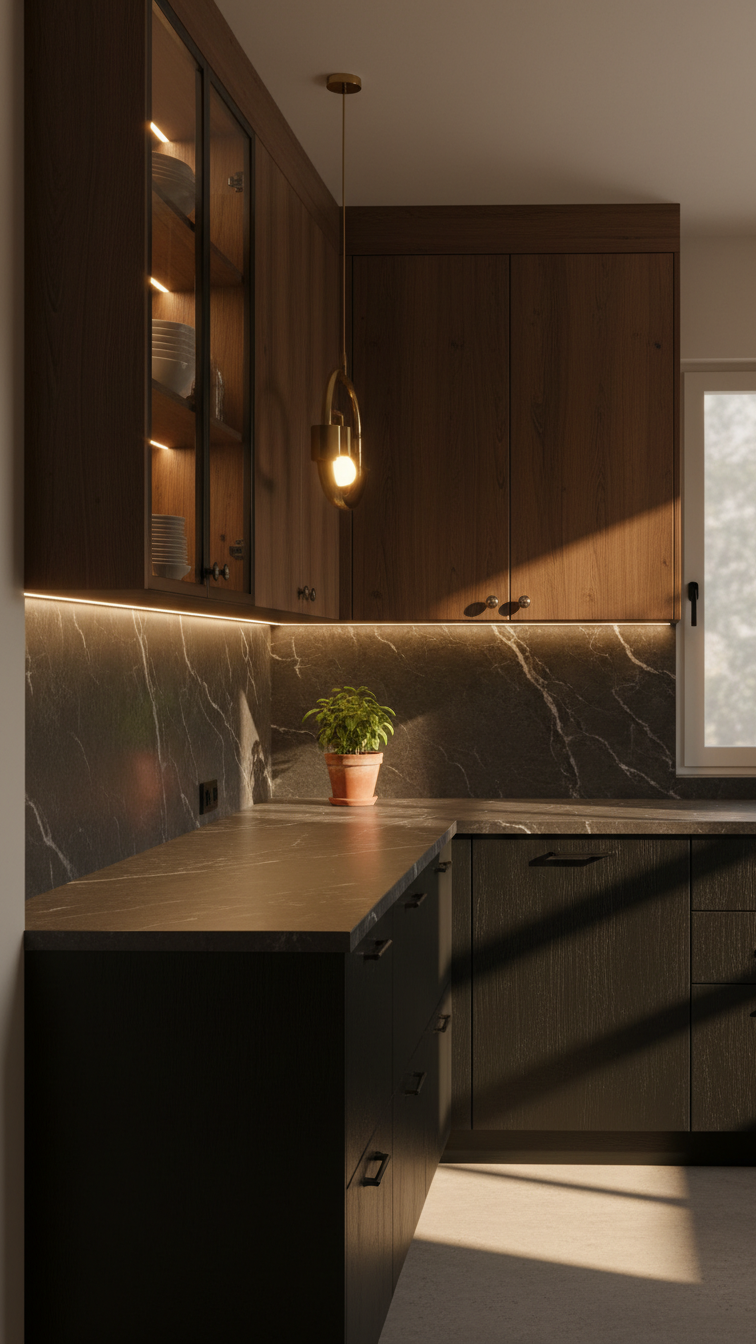 Moody U-shaped kitchen with layered lighting: under-cabinet LEDs, puck lights, pendant fixture, and a dark marble countertop.
