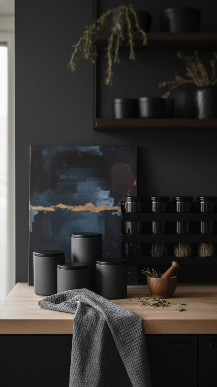 Moody apartment kitchen decor: dark ceramic canisters, matte black spice rack, abstract art on butcher block counter.