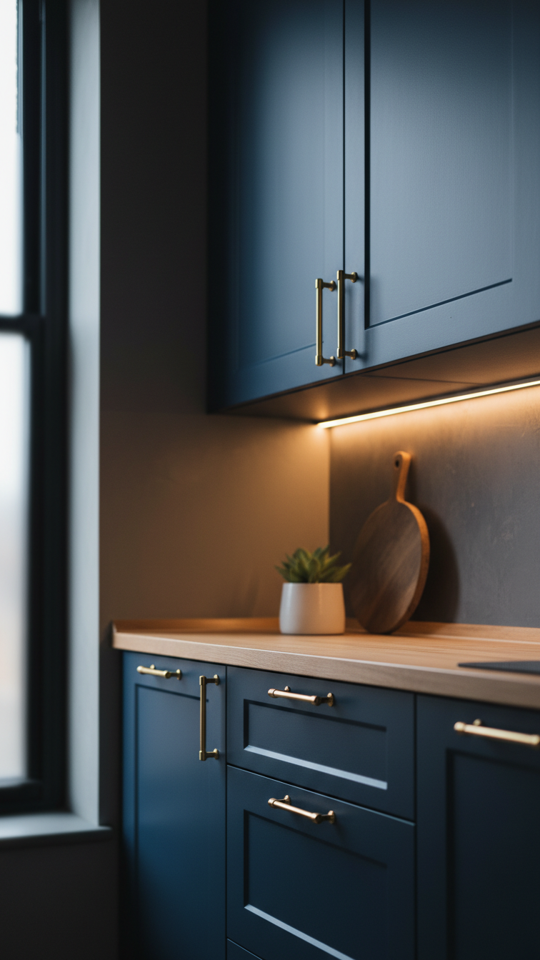 Moody apartment kitchen features rich midnight blue cabinetry with elegant brass hardware, warm under-cabinet lighting, wood shelf, and plant.