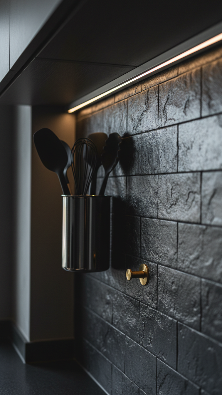 Moody apartment kitchen featuring a dramatic dark charcoal textured tile backsplash with bright task lighting and metal accents.