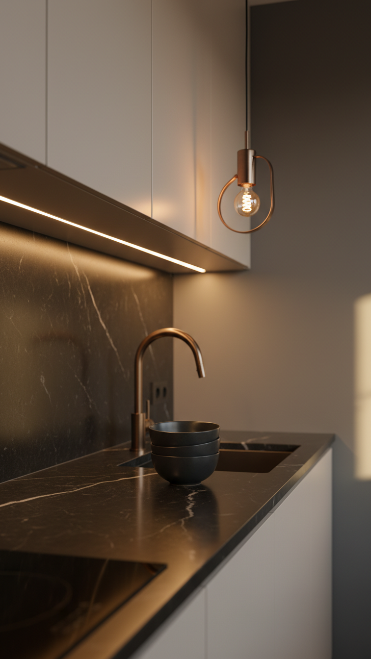 Moody apartment kitchen featuring warm LED under-cabinet lighting, matte black backsplash, pendant light, marble countertop, ceramic bowls.