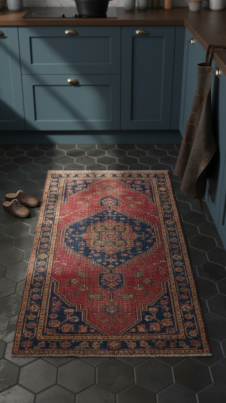 Moody apartment kitchen with a dark, vintage Persian runner rug in reds, blues, gold on a wood floor, with slippers.
