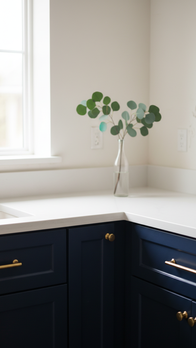Moody bright kitchen featuring deep navy blue shaker base cabinets, white quartz countertop, and gold brass pulls with eucalyptus.