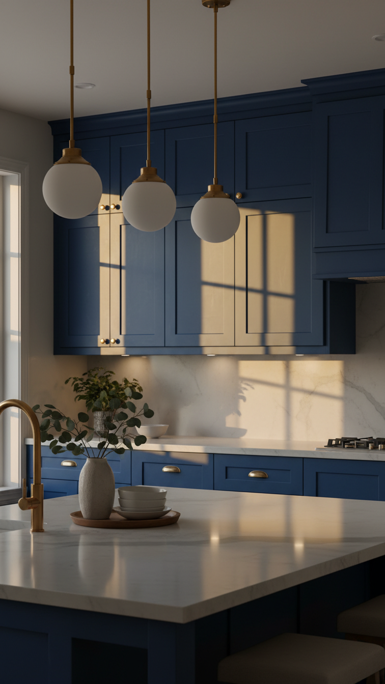 Moody deep blue kitchen cabinets illuminated by bright LED puck lights and warm brass pendant lights, creating a cozy ambiance.
