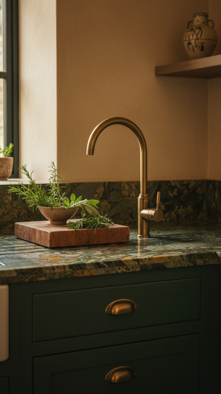 Moody eclectic kitchen: dark green cabinetry, rich marble countertop, deep brass faucet, antique cutting board, fresh herbs.