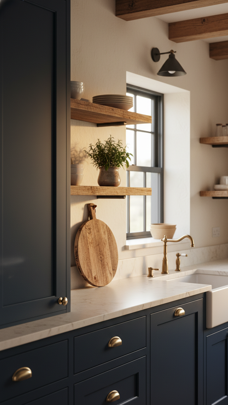 Moody farmhouse kitchen featuring navy blue shaker cabinets, distressed wood open shelving, brass hardware, and fresh herbs under warm light.