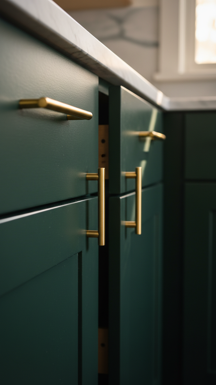 Moody forest green Shaker kitchen cabinets with sleek satin brass pulls, contrasting matte finish, hint of marble. Golden hour light.