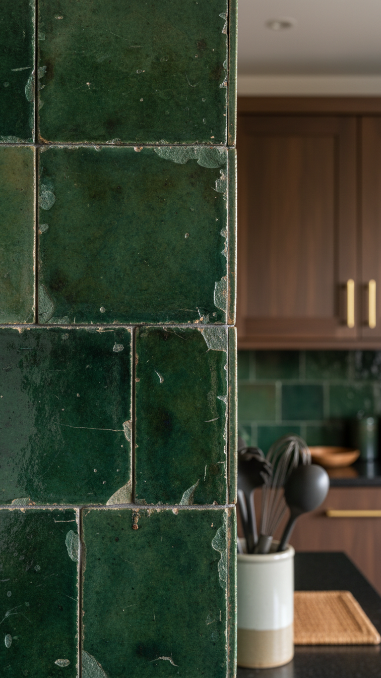 Moody forest green handmade Zellige tile backsplash, showcasing iridescent texture against dark wood kitchen cabinets with brass hardware.