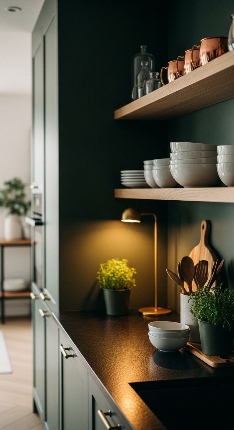 Moody forest green kitchen with natural wood floating shelves, copper mugs, white dishes, dark granite countertop, herbs.