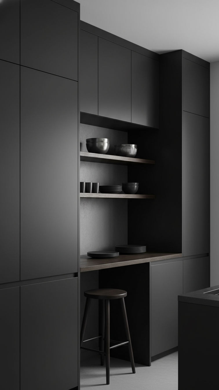 Moody galley kitchen featuring dark floor-to-ceiling matte black handleless cabinets, maximized vertical storage, silver accents, and a minimalist design.