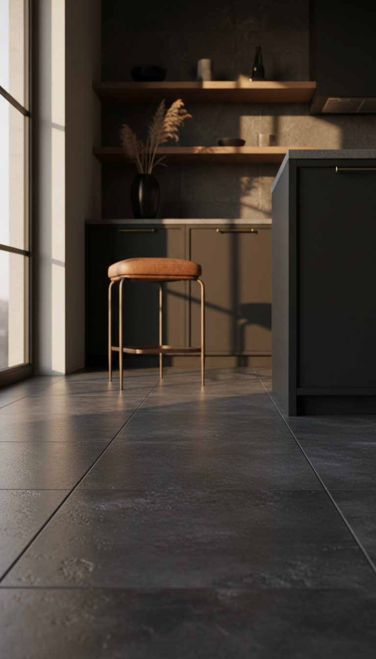 Moody industrial kitchen corner: dark gray textured large format floor tiles, brass accents, sleek dark cabinetry, golden hour light.