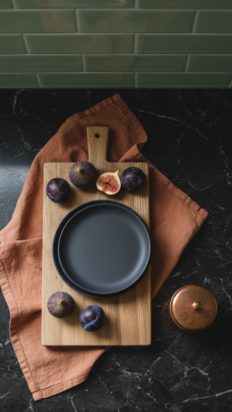 Moody kitchen accessories: dark countertop, linen tea towel, wood cutting board, ceramic dishes, deep-colored fruit, copper canister.