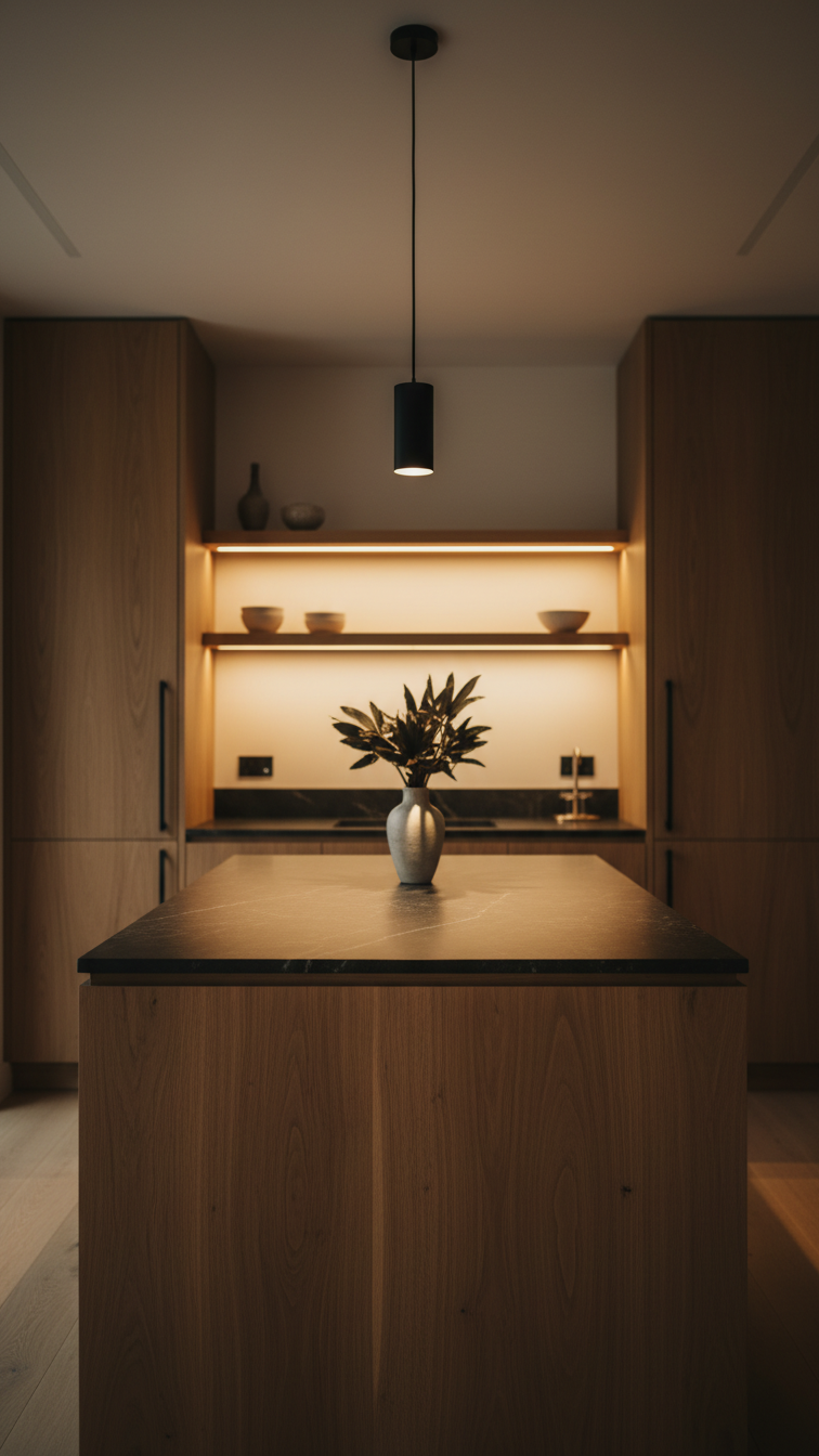 Moody kitchen at dusk: natural wood island with matte black pendant light, under-cabinet lighting, soft golden hour glow.