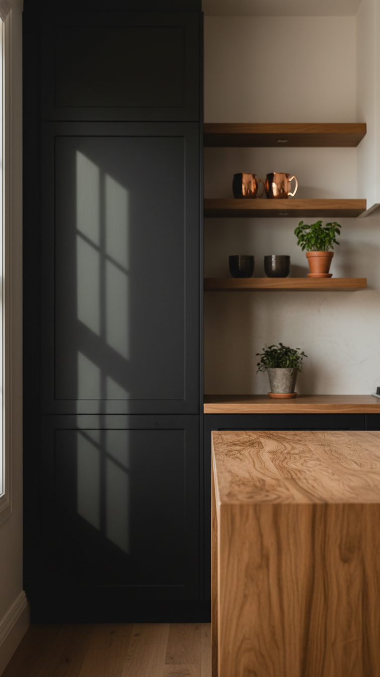 Moody kitchen design featuring matte black shaker cabinets, warm natural wood island, and open shelving. Cozy interior with copper mugs.