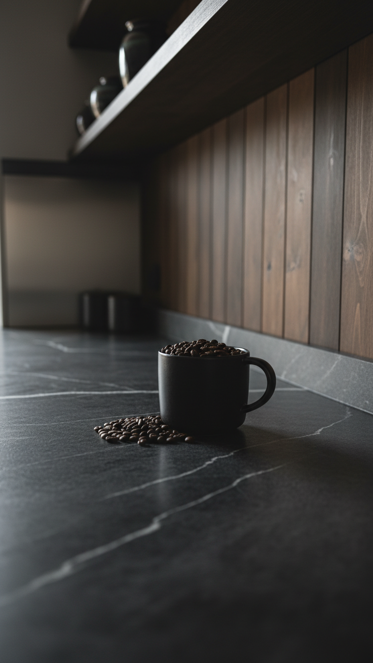 Moody kitchen detail: heavily textured dark soapstone countertop with white veining, dark wood panel backsplash. Ceramic mug, coffee.