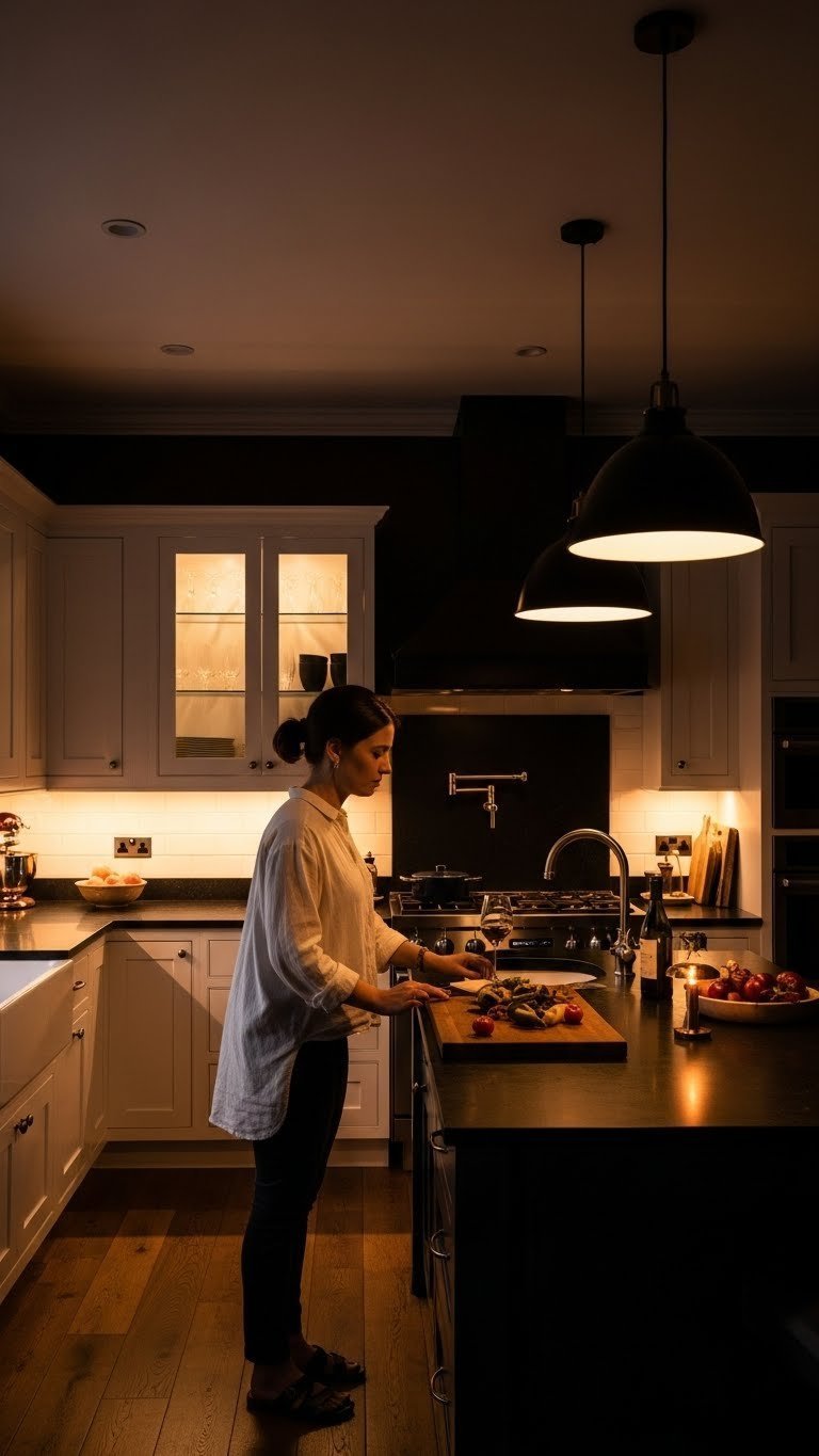 Moody kitchen evening: white shaker cabinets, warm under-cabinet lighting, dark metal pendants, stone island, dramatic shadows, cozy ambiance.