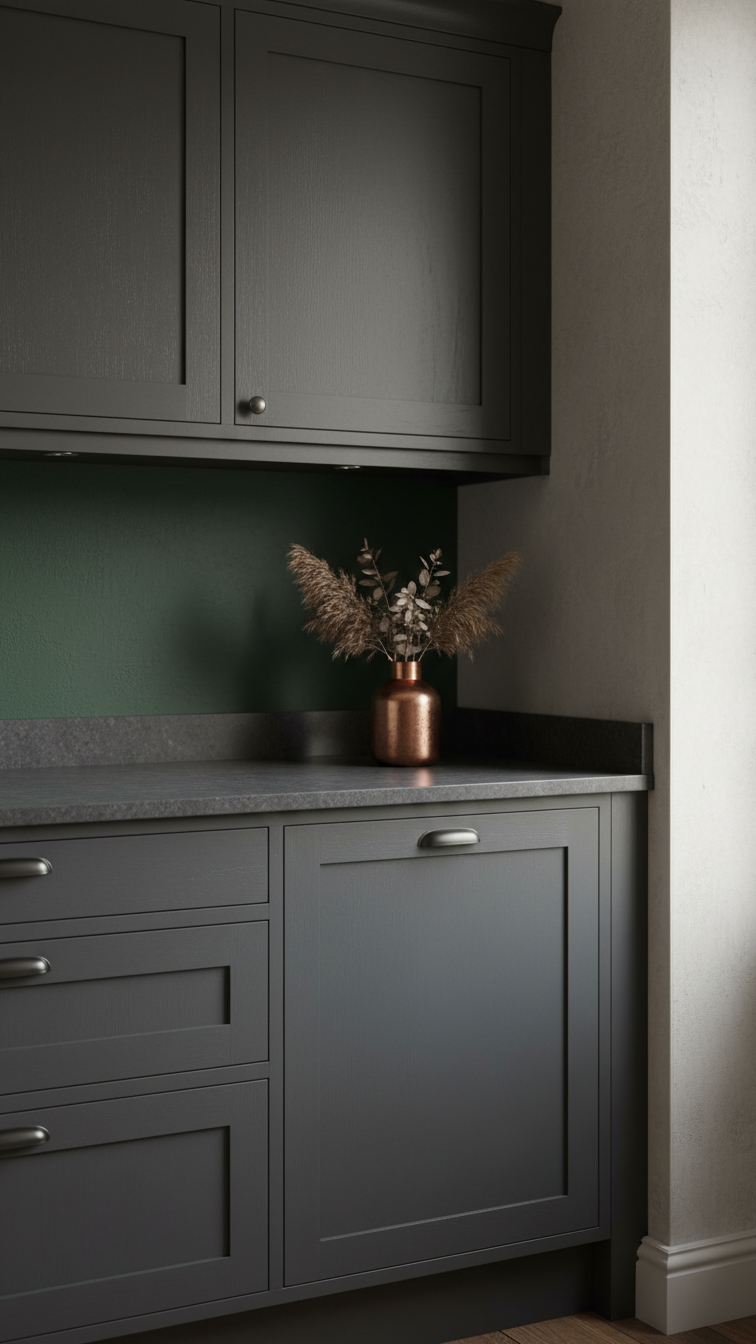 Moody kitchen features matte charcoal gray custom joinery, deep hunter green wall, and a stylish copper vase with dried foliage for a cozy design.