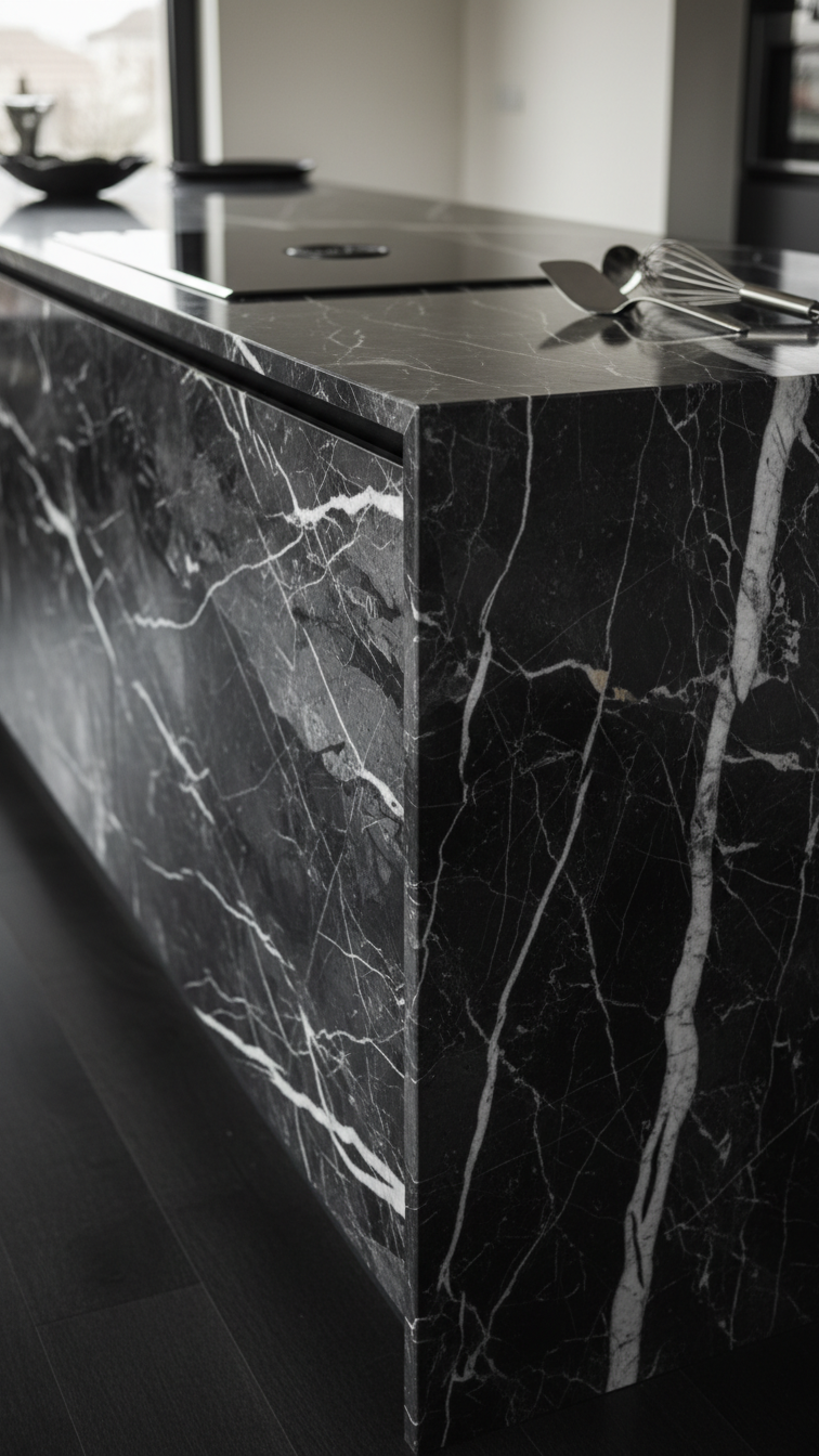 Moody kitchen island featuring a dark stone waterfall edge with dramatic veining, integrated induction cooktop, and polished silver utensils.