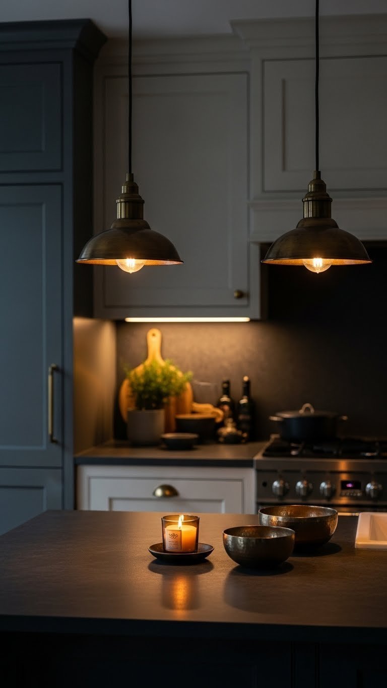 Moody kitchen island with aged brass pendant lights casting warm golden light, subtle under-cabinet strip lighting, and dark stone.