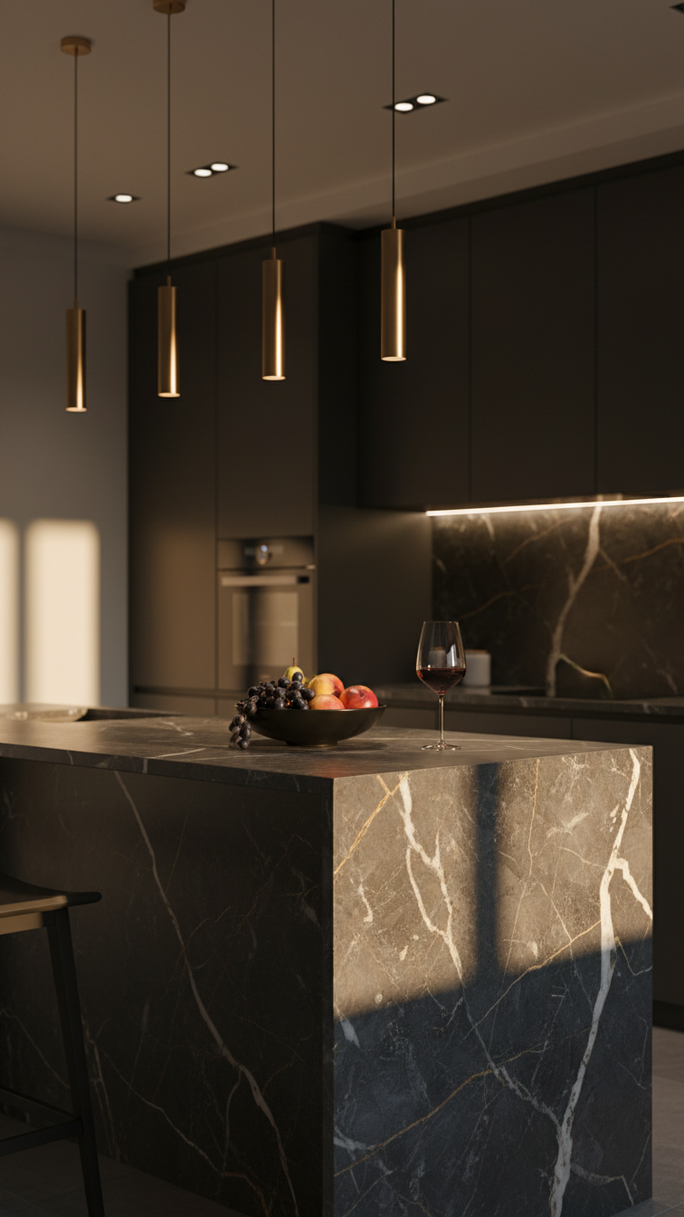 Moody kitchen island with dark marble countertop, highlighted by task and ambient lighting creating dramatic shadows, featuring a bowl of fruit.