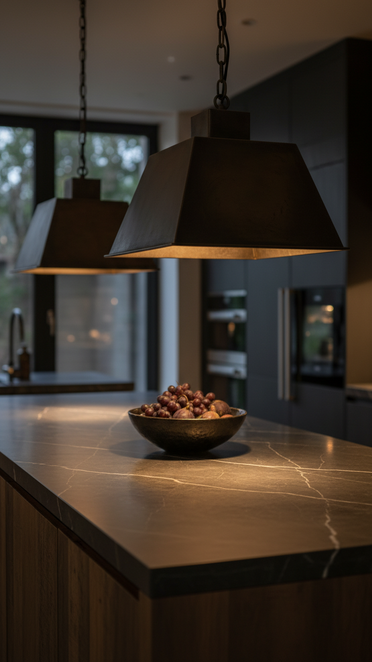Moody kitchen island with oversized dark metallic geometric pendant lights creating focused pools of light over a dark countertop.