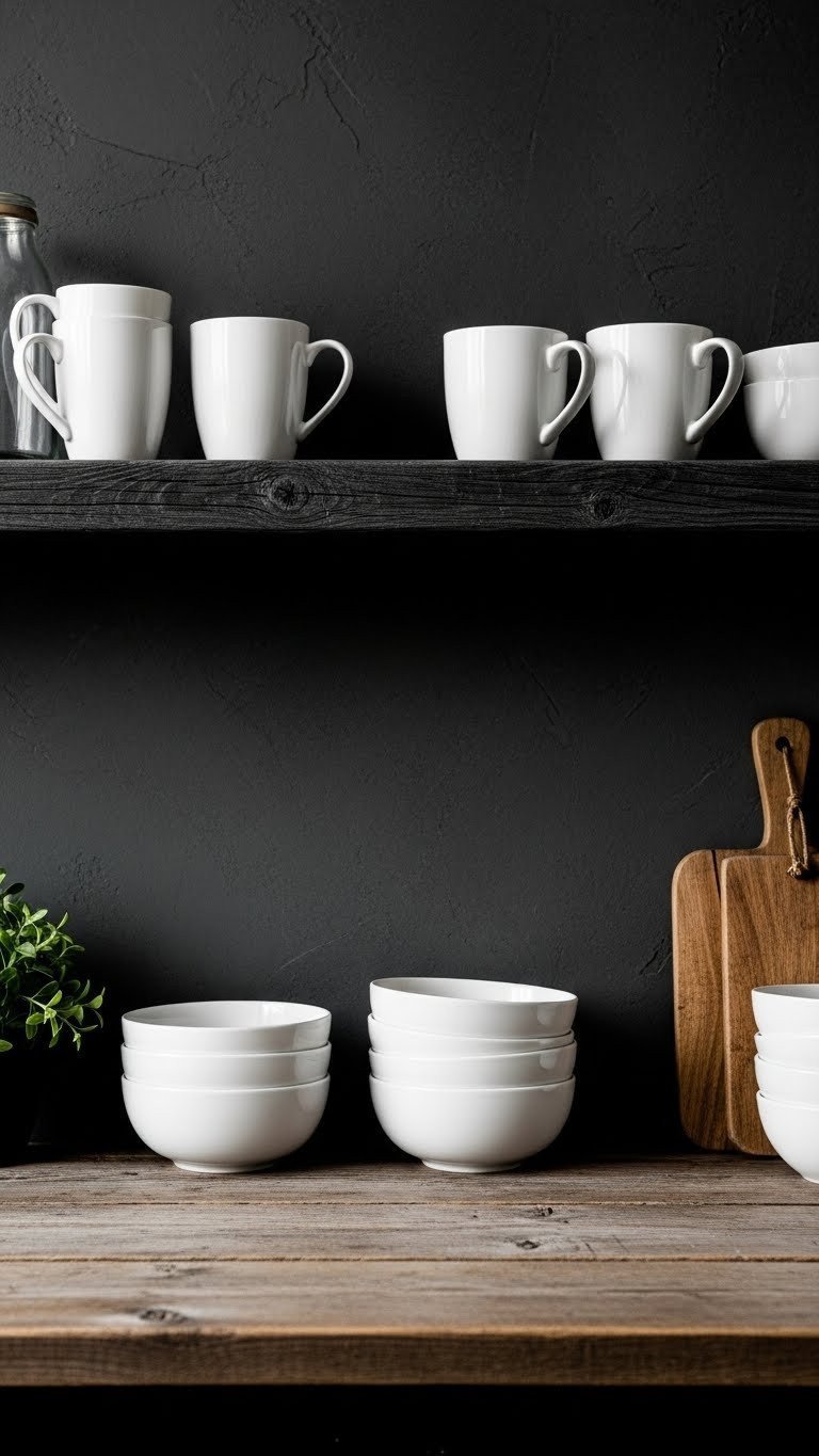 Moody Kitchen Open Shelving: 9 Genius Styling Ideas 1 Moody kitchen open shelving: white ceramic mugs/bowls on dark reclaimed wood shelf against a matte black wall. Rustic, monochromatic home decor.