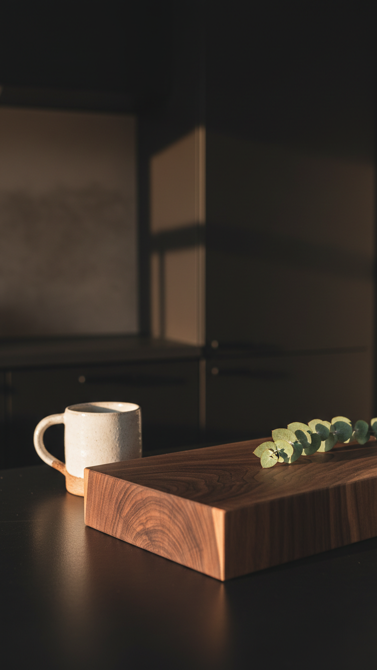 Moody kitchen with a rich walnut wood countertop contrasting matte black cabinets, featuring a coffee mug and greenery.
