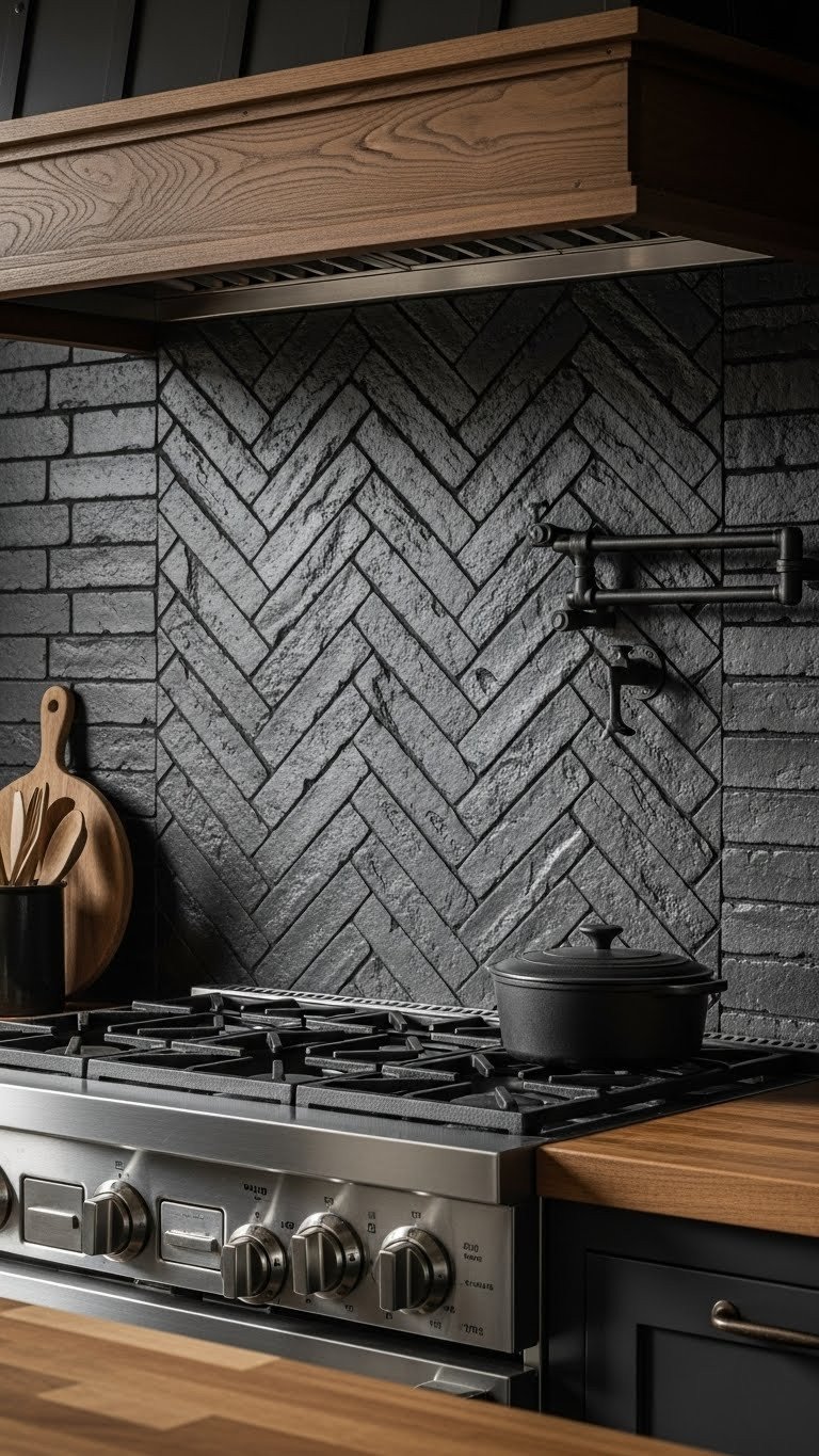 Moody kitchen with charcoal gray brick veneer backsplash in herringbone pattern, dark grout, rough texture, and butcher block countertop.
