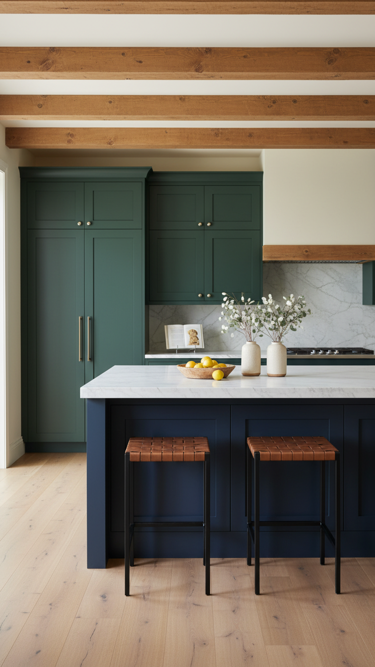 Moody kitchen with dark forest green cabinets, a deep navy blue island, and warm cream walls, creating an elegant interior.