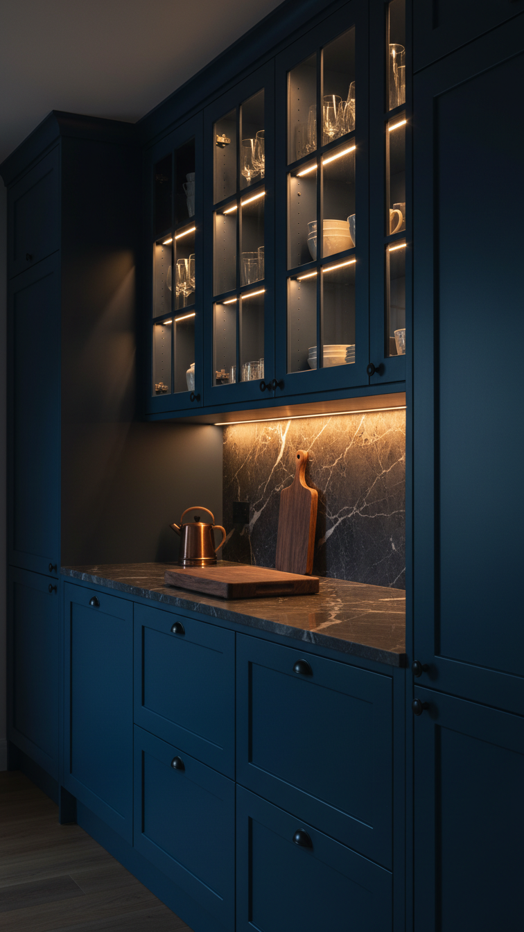 Moody kitchen with deep sapphire blue cabinets, warm LED strip lighting, and in-cabinet lighting creating dramatic shadows.