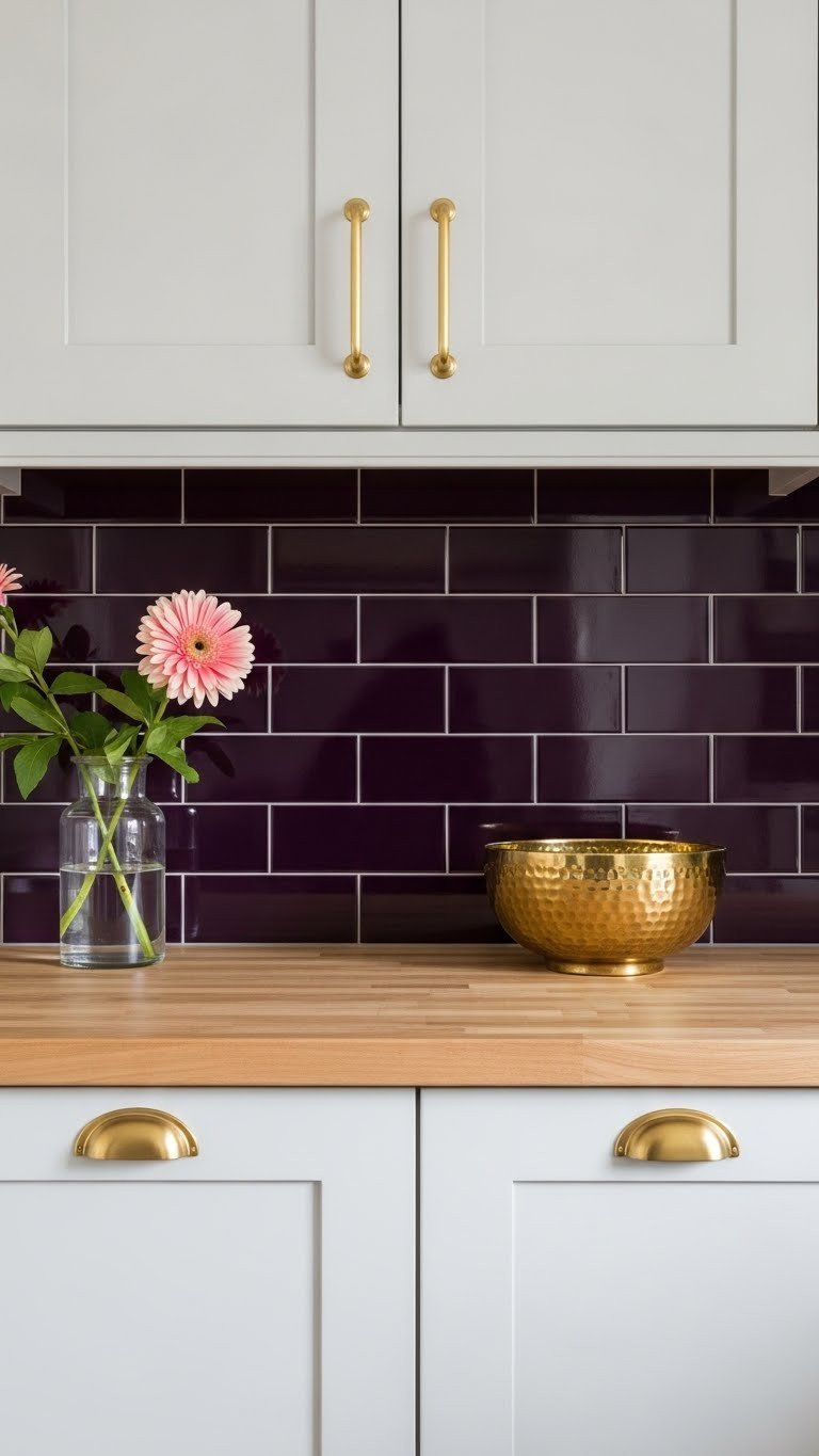 Moody kitchen with glossy dark eggplant purple ceramic tile backsplash, rich hue, reflecting light, with brass hardware and gold bowl.