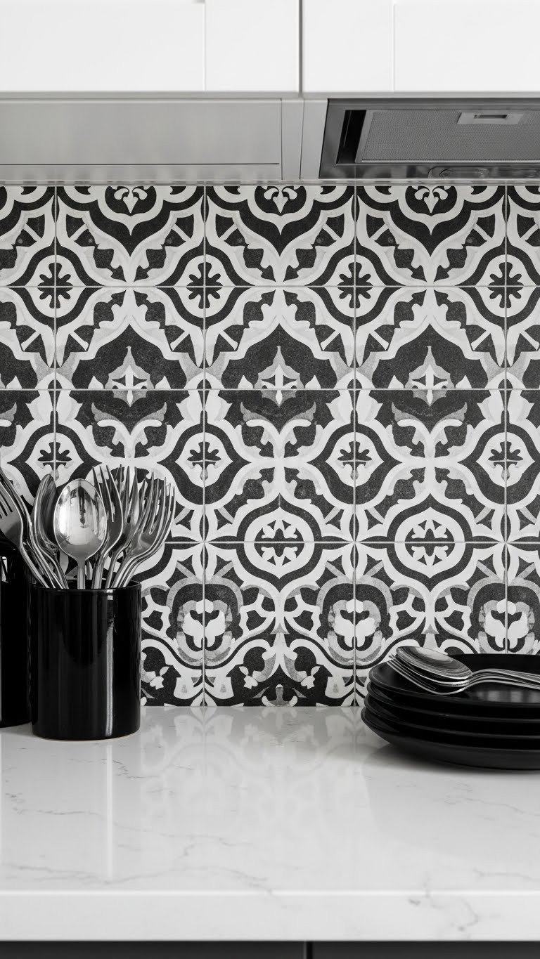 Moody kitchen with high-contrast black and white encaustic tile backsplash, intricate geometric pattern, and elegant dark plates.