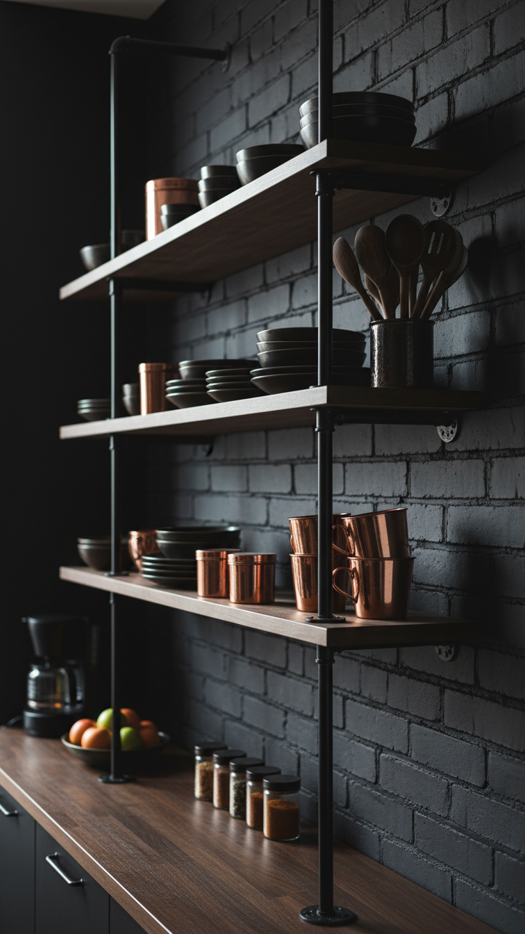 Moody kitchen with matte black pipe open shelving on a dark brick wall, displaying ceramic dishes, copper mugs, and spices.