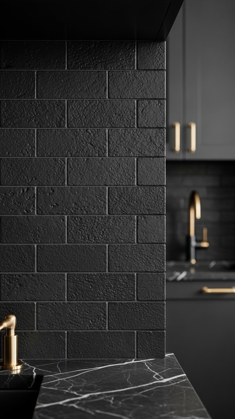 Moody kitchen with matte black subway tile backsplash, dark charcoal grout, brass hardware, and minimalist black faucet on dark marble countertop. Elegant design.
