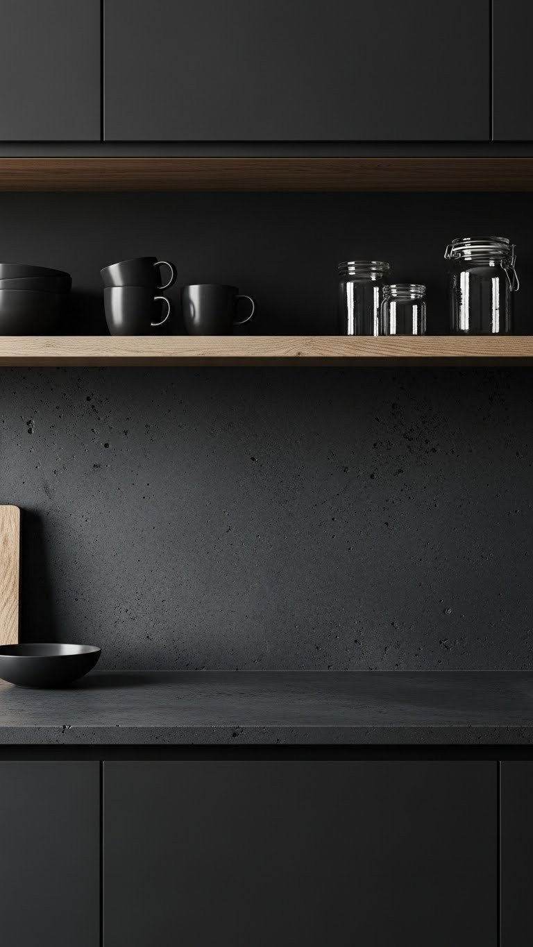 Moody kitchen with slate gray textured concrete panel backsplash, raw matte finish, open shelving, and dark stoneware mugs.