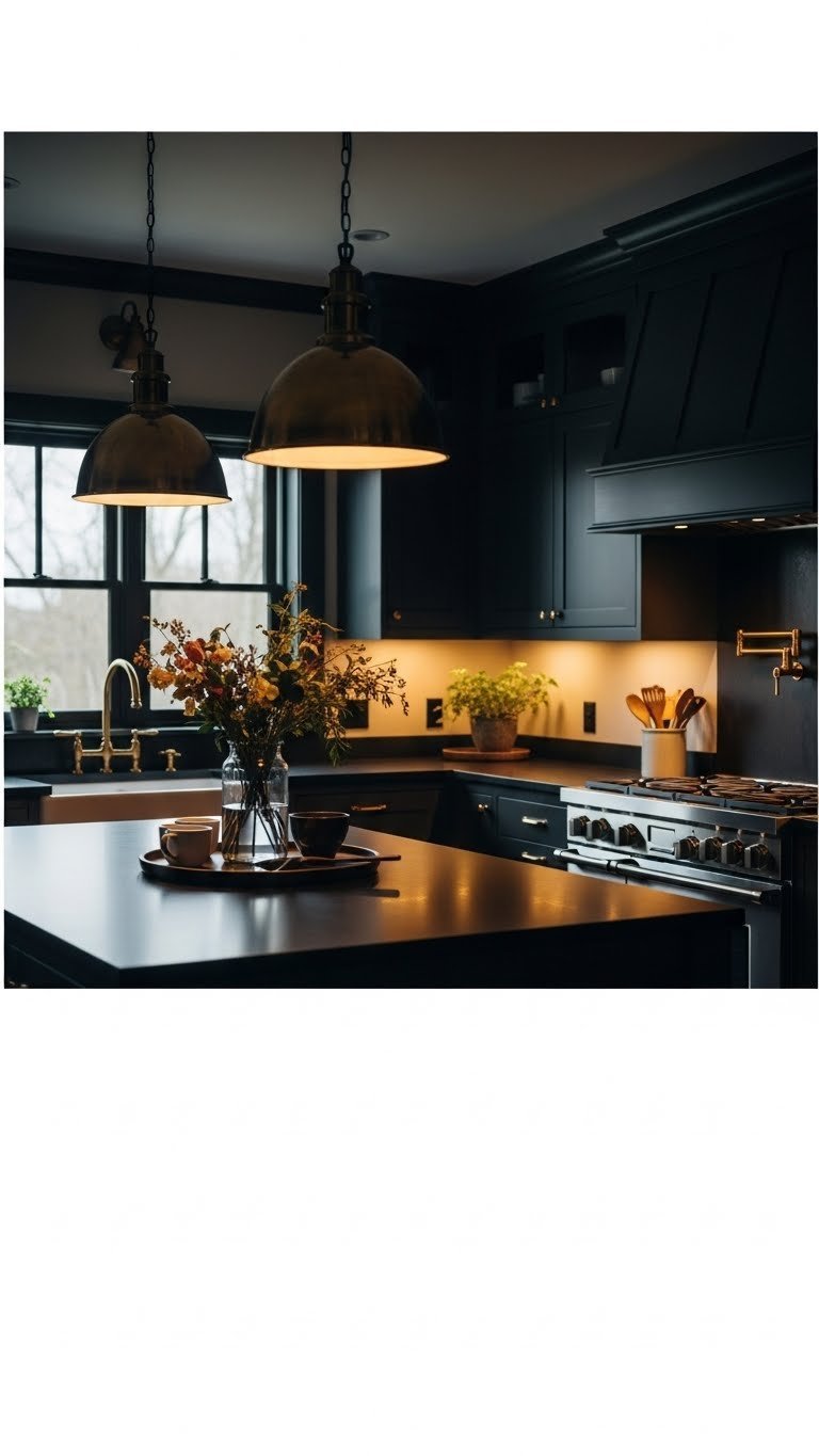 Moody kitchen with warm pendant lights over a dark island, under-cabinet lighting, dark backsplash, and aged metal fixtures.