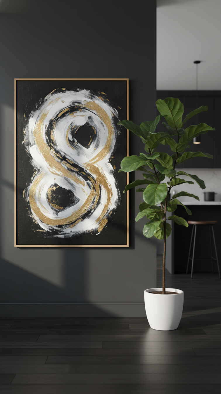 Moody living room: abstract white and gold canvas art on a charcoal wall next to a Fiddle Leaf Fig plant. Dark hardwood floor.