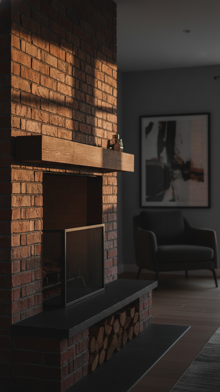 Moody living room: modern wood-burning fireplace with exposed brick surround, dark wood mantel, stacked firewood, metal grate.