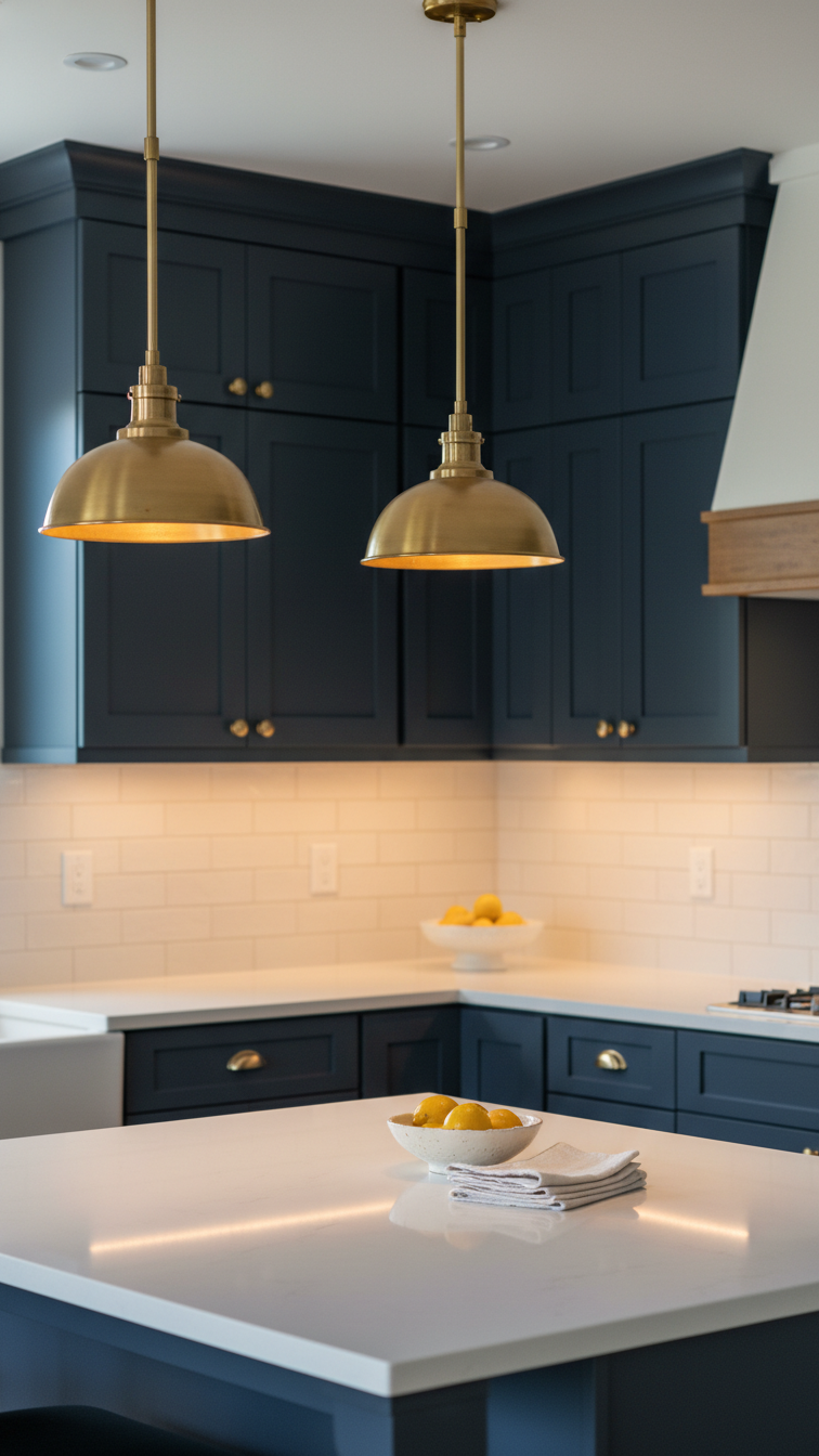 Moody navy kitchen showcasing layered lighting: LED strips, brass pendant lights, recessed ceiling lights over cabinets.