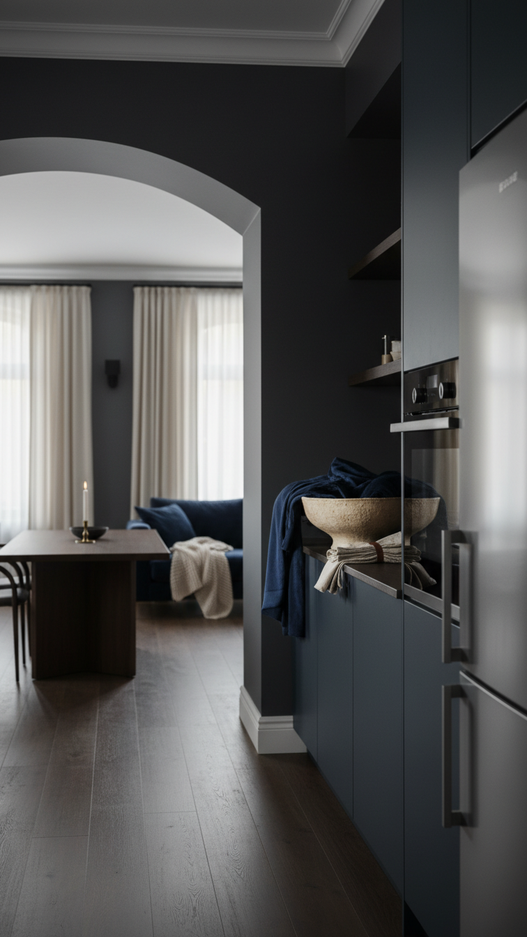 Moody open concept kitchen with midnight blue cabinetry, charcoal grey walls, archway to living space, velvet throw, and integrated appliances.