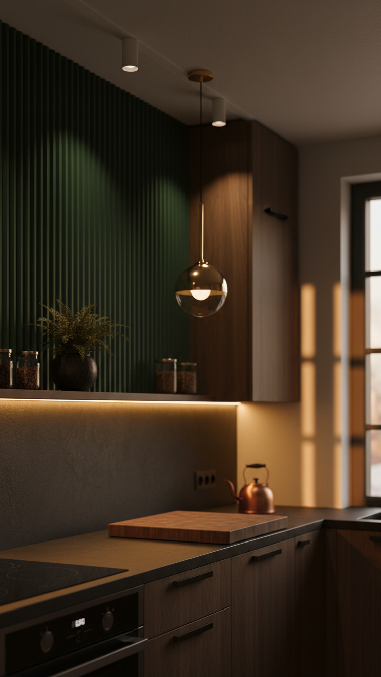 Moody small kitchen showcasing dramatic lighting: under-cabinet LEDs, track lights, and elegant brass pendant over workspace.