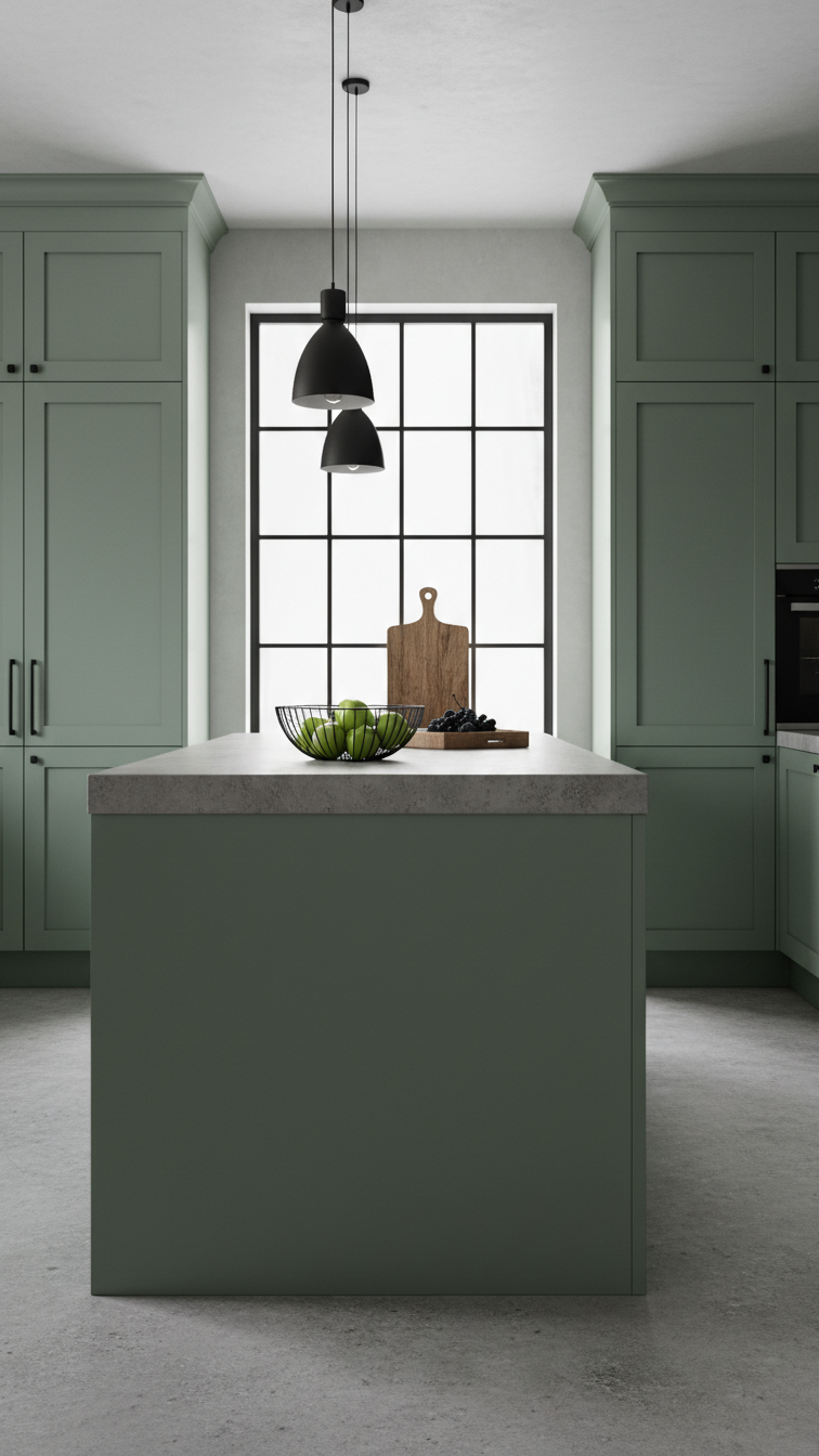 Moody, sophisticated deep sage green kitchen interior with concrete-look flooring, light grey walls, and black fruit bowl.