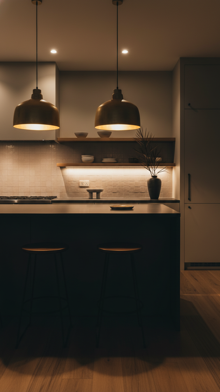 Moody transitional kitchen with oversized pendant lights over a dark island, under-cabinet and recess lighting. Warm glow.