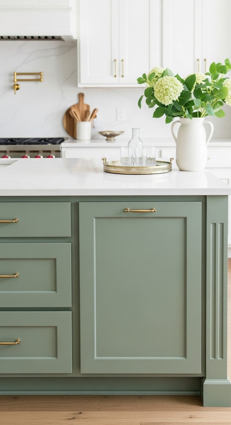 Moss green lower kitchen cabinets with seamless white quartz countertops, wooden floor, silver tray, clear glassware.